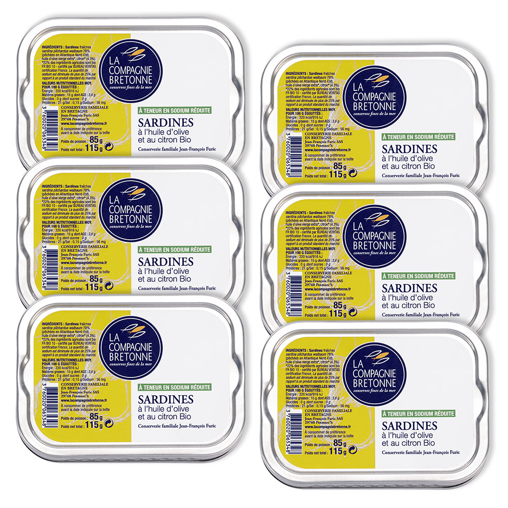 Lot de 6 Sardines à l’huile d’olive et citron Bio à teneur réduite en sodium